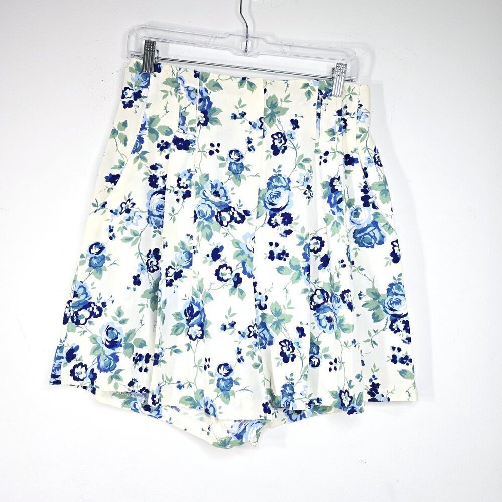 Vintage Via Max Blue White Floral High Waist Cottagecore Pleated Skort Shorts